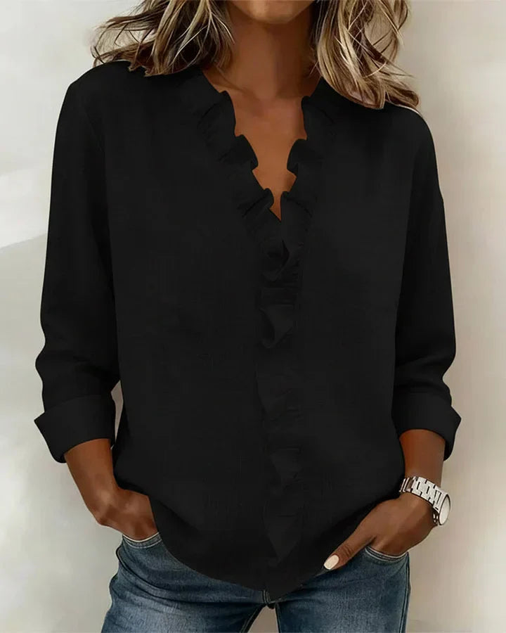 Indy | Blouse with Ruffles, V-Neck and Long Sleeves