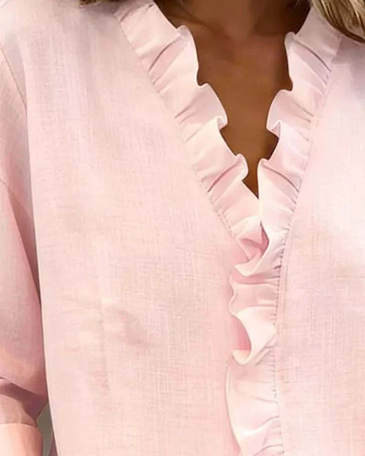 Indy | Blouse with Ruffles, V-Neck and Long Sleeves
