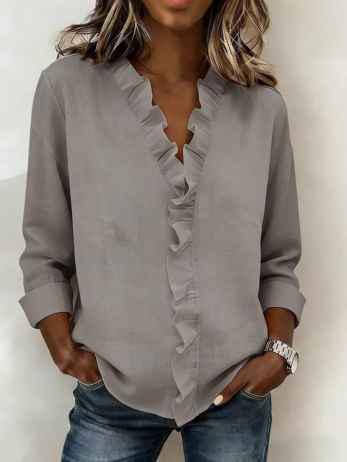 Indy | Blouse with Ruffles, V-Neck and Long Sleeves
