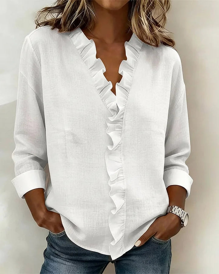 Indy | Blouse with Ruffles, V-Neck and Long Sleeves
