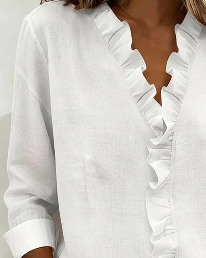 Indy | Blouse with Ruffles, V-Neck and Long Sleeves
