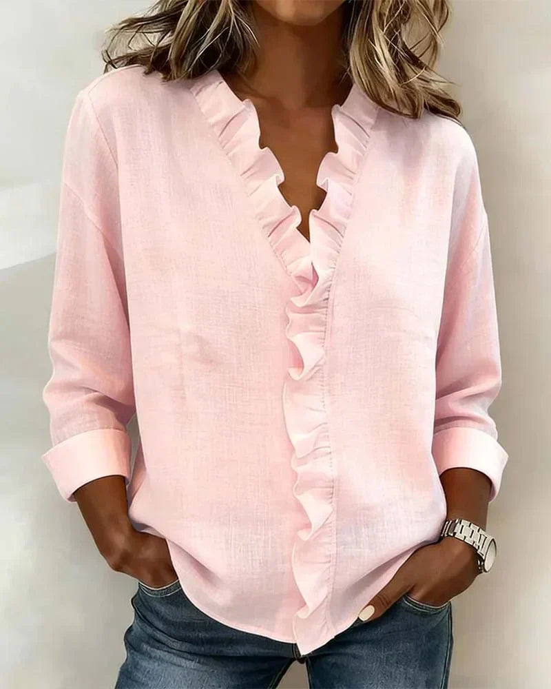 Indy | Blouse with Ruffles, V-Neck and Long Sleeves