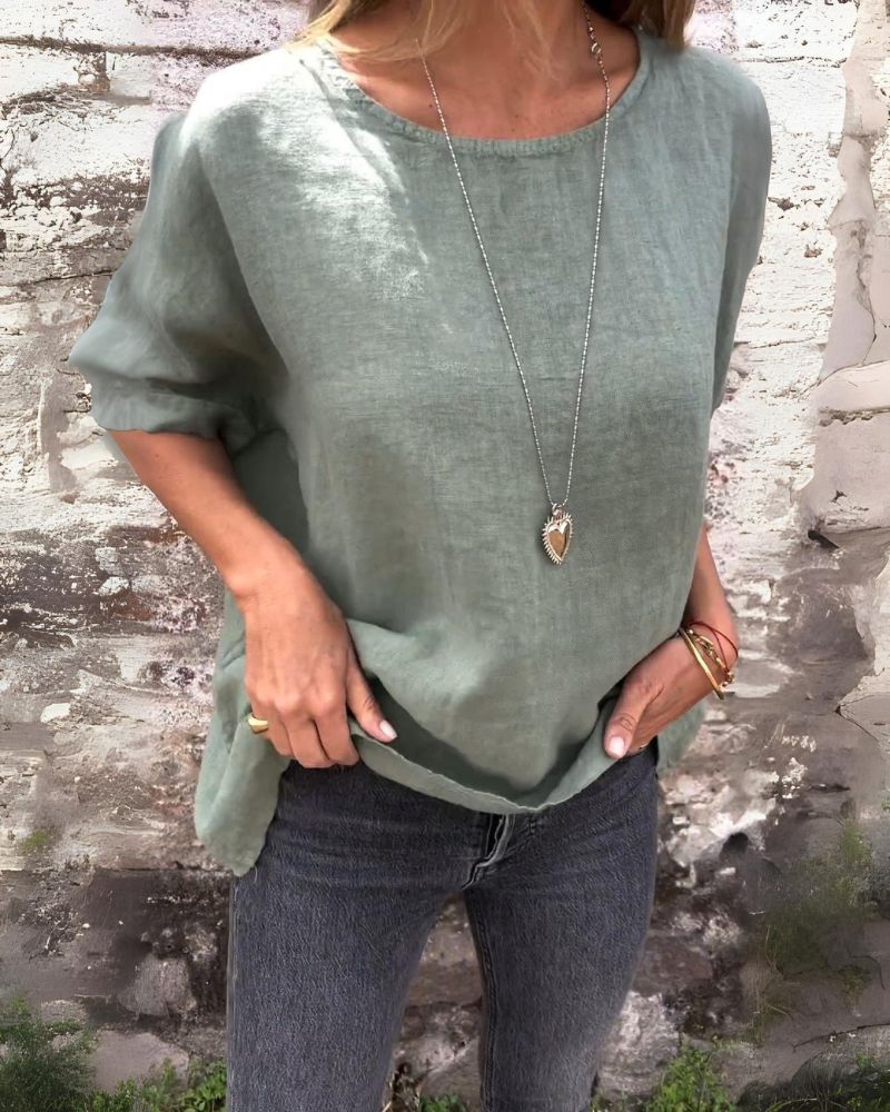 LARA - Round Neck Cotton And Linen T-Shirt