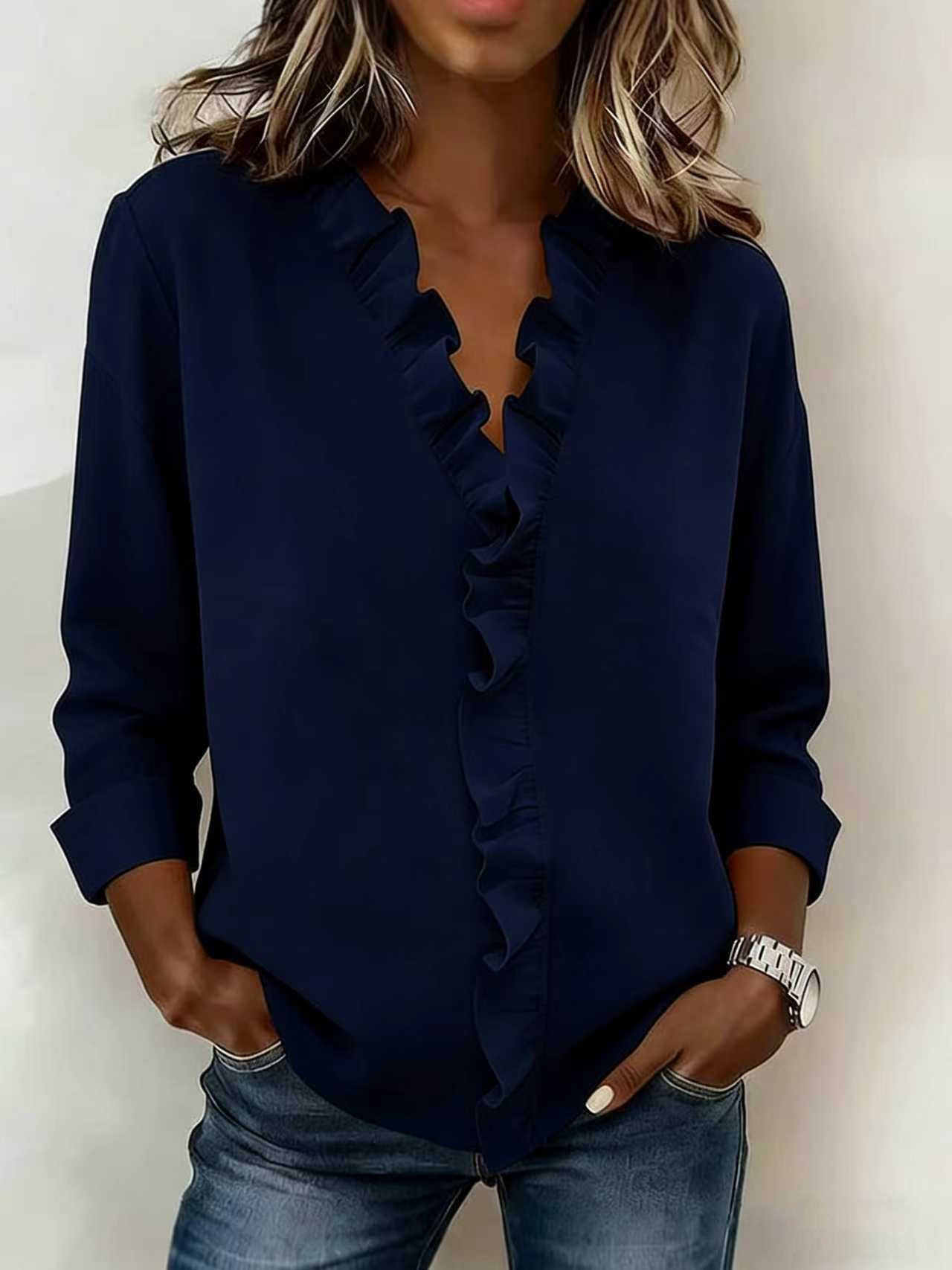 Indy | Blouse with Ruffles, V-Neck and Long Sleeves