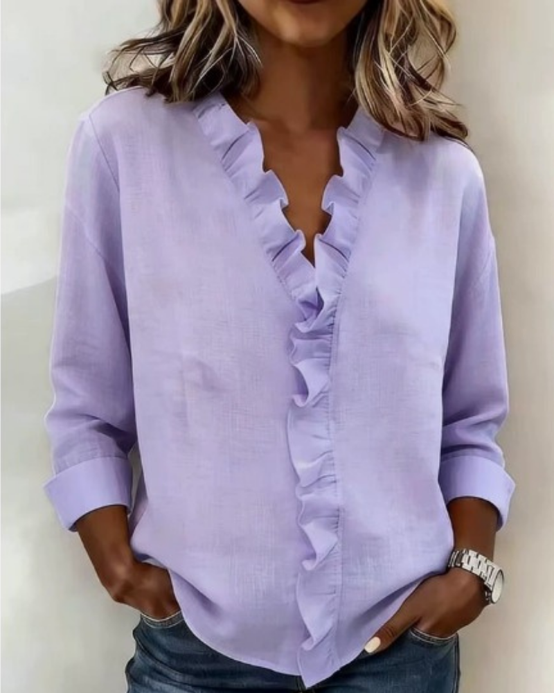 Indy | Blouse with Ruffles, V-Neck and Long Sleeves