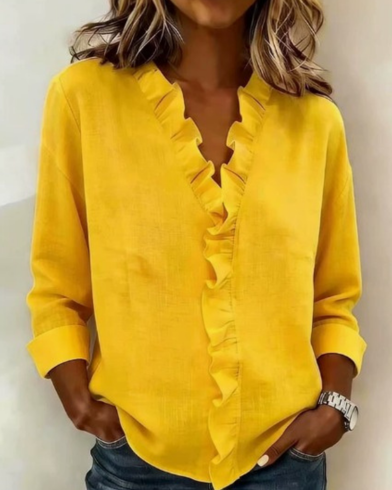 Indy | Blouse with Ruffles, V-Neck and Long Sleeves