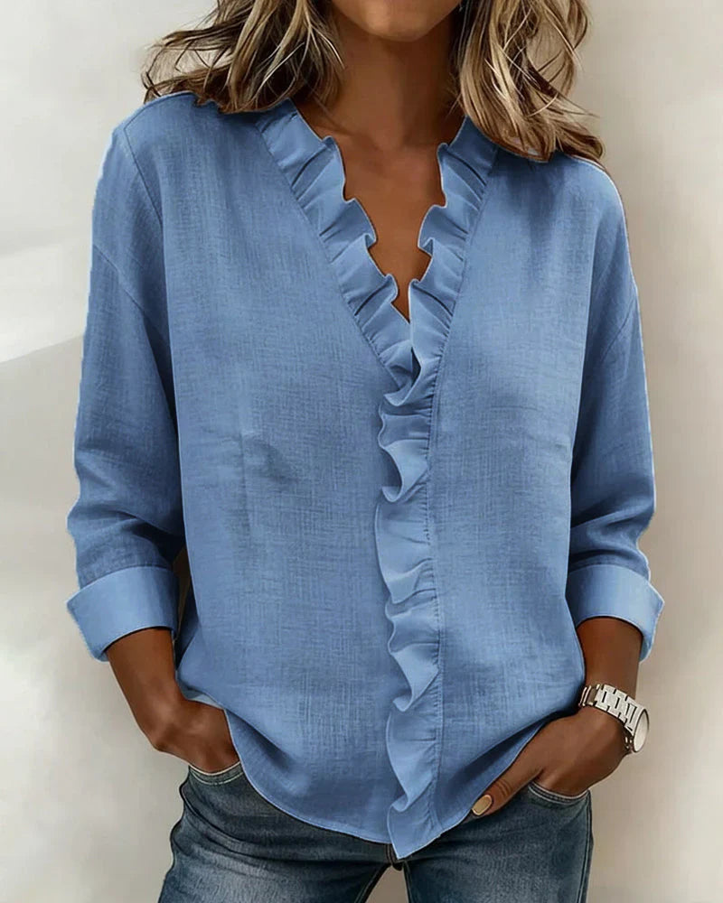 Indy | Blouse with Ruffles, V-Neck and Long Sleeves